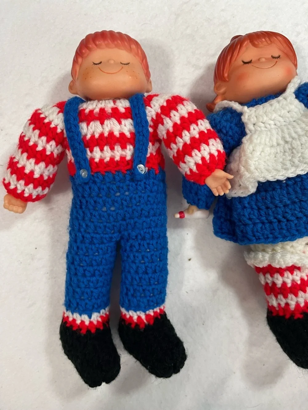 Handmade‎ Blue & Red Crochet Doll with plastic head and hands
